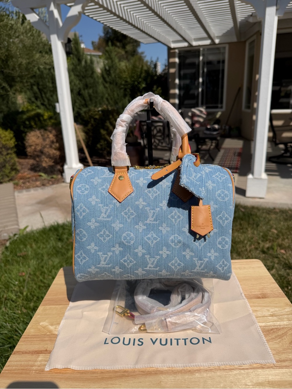 NEW LV Print Speedy Denim Monogram Satchel HandBag Blue Tan & Gold Lock Key - Picture 2 of 16